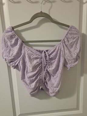 Love Tree Lavender Eyelet Off-Shoulder Ruched Crop Top